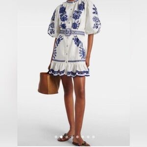 FARM Rio Richelieu Linen White Mini Dress with Blue Floral Embroidery (NWT)